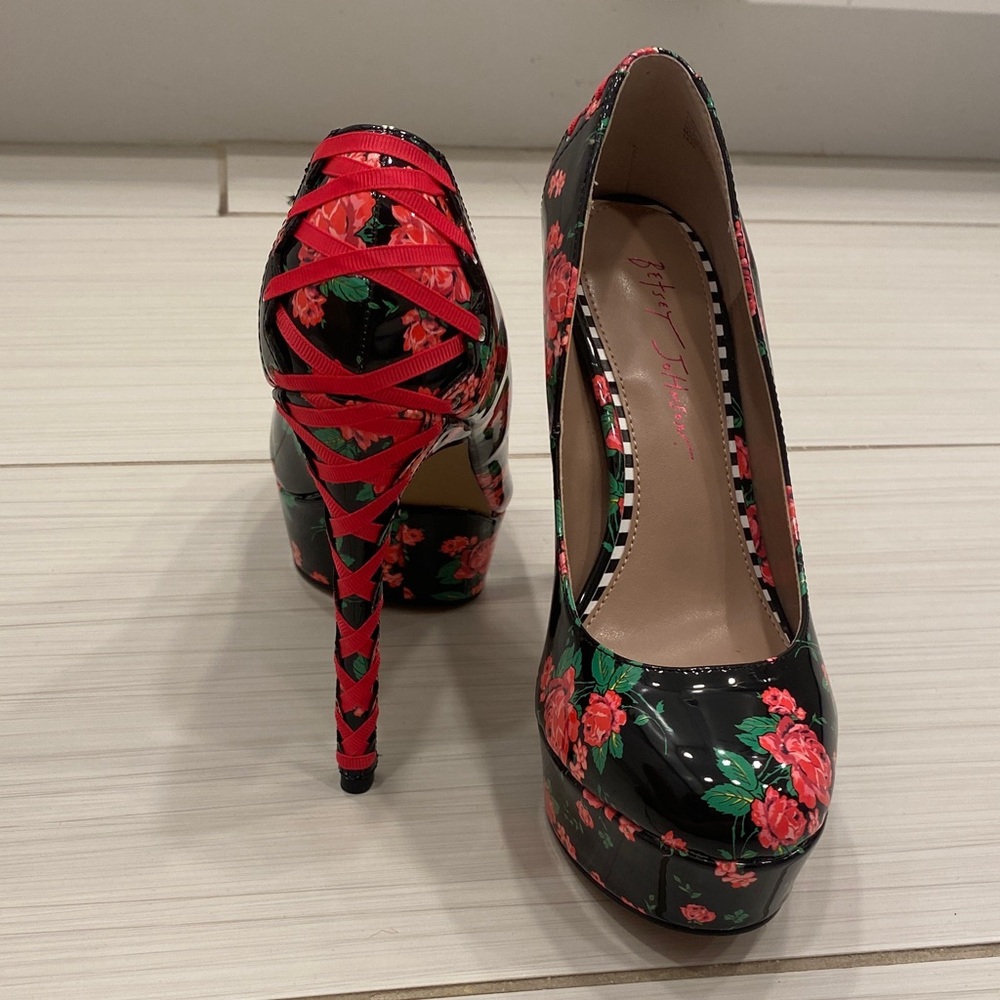 Betsey Johnson Floral Platform Heels Lace-Up Stiletto Size 7.5 Rockabilly Pin-Up - Picture 2 of 14